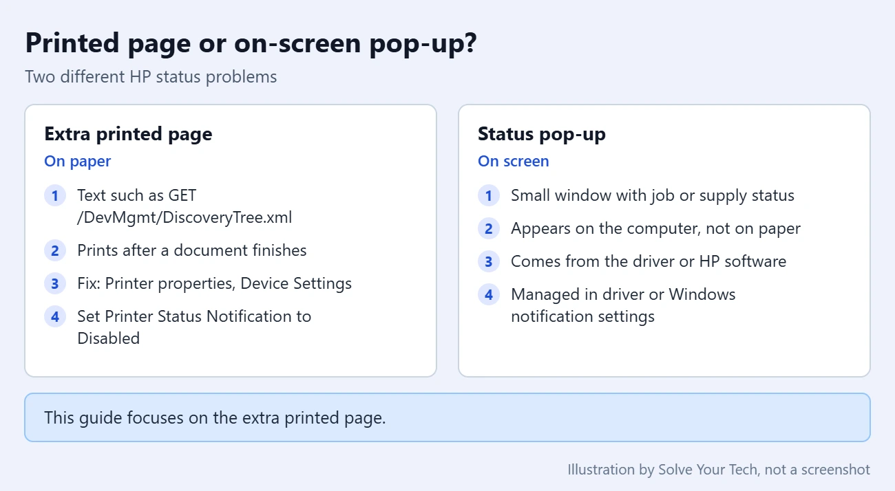 Stop HP Laserjet from Printing Status Notifications 1 Comparison of an HP LaserJet extra printed status page and an on-screen status pop-up