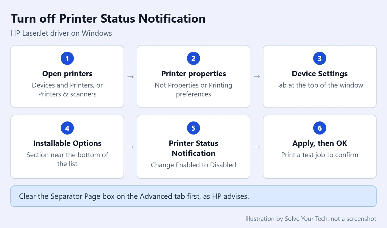 Stop HP Laserjet from Printing Status Notifications 3 Path to the Printer Status Notification setting in the HP LaserJet driver on Windows