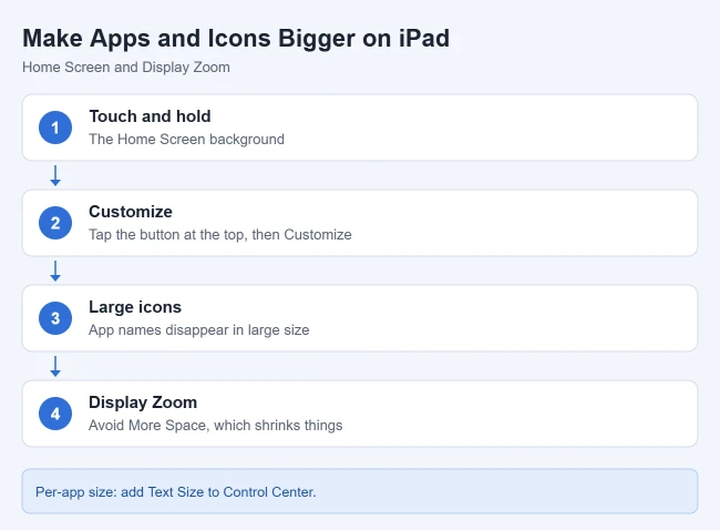 How to Make Text Bigger on iPad (and Apps Bigger Too) 4 Card showing how to make app icons and the interface bigger on an iPad