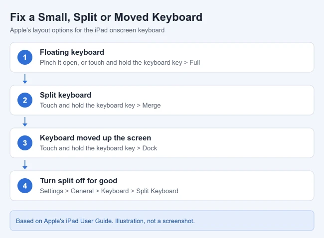 How to Make the Keyboard Appear on iPad 2 Illustration of fixes for the iPad keyboard layout: pinch open a floating keyboard, merge a split keyboard, dock an undocked keyboard, and turn off Split Keyboard in Settings