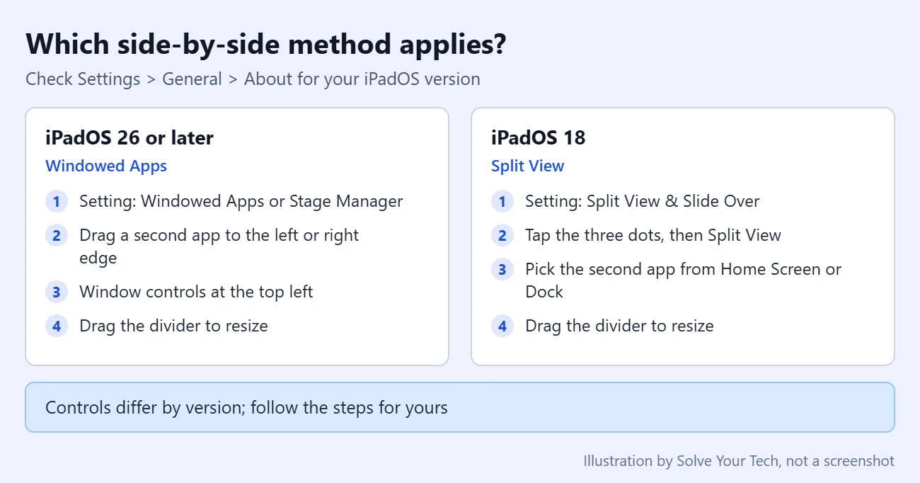How to Use Two Apps Side by Side on iPad 1 Comparison of the side-by-side app method in iPadOS 26 or later and the Split View method in iPadOS 18