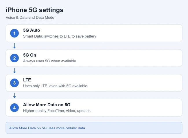 How to Turn 5G On or Off on an iPhone 1 Card explaining the iPhone 5G Voice and Data and Data Mode options