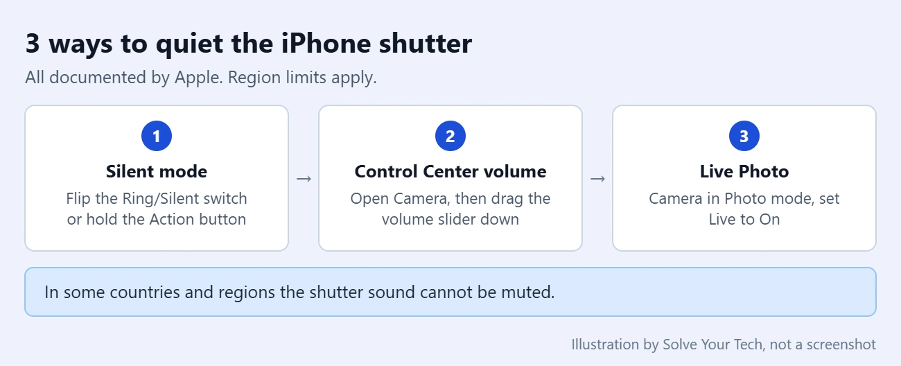 How to Turn Off Camera Sound on iPhone 1 Card showing three Apple-documented ways to quiet the iPhone camera shutter: Silent mode, Control Center volume, and Live Photo
