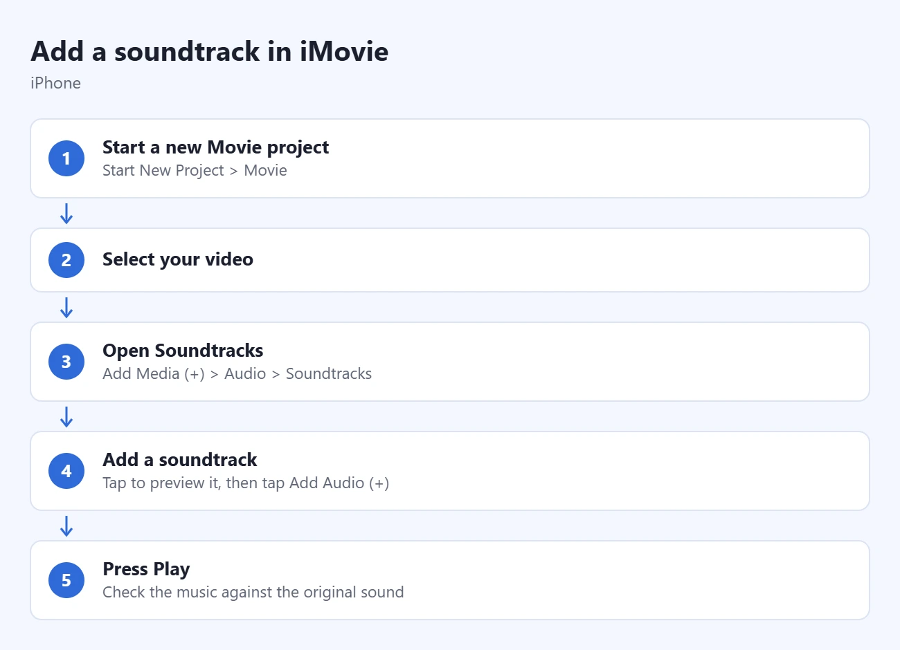 How to Add Music to a Video on iPhone With iMovie 1 Steps to add a soundtrack in iMovie: start a new Movie project, select your video, open Soundtracks, add a soundtrack, press Play