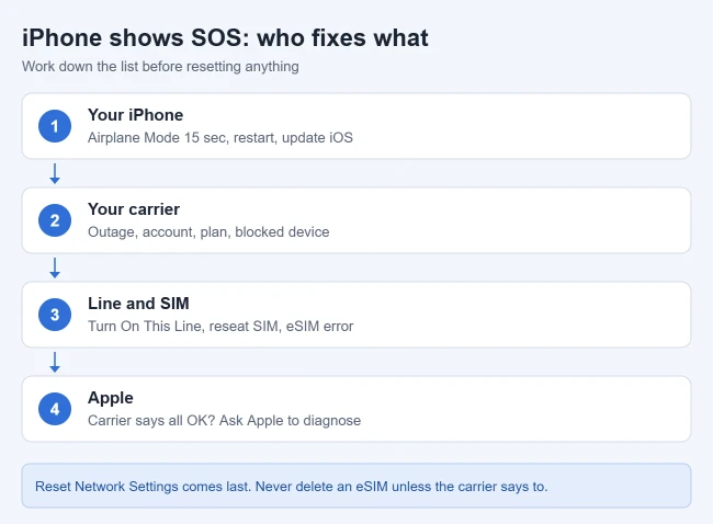 How to Get an iPhone Out of SOS Mode 3 Card showing who fixes an iPhone SOS problem: the iPhone itself, the carrier, the line and SIM, then Apple