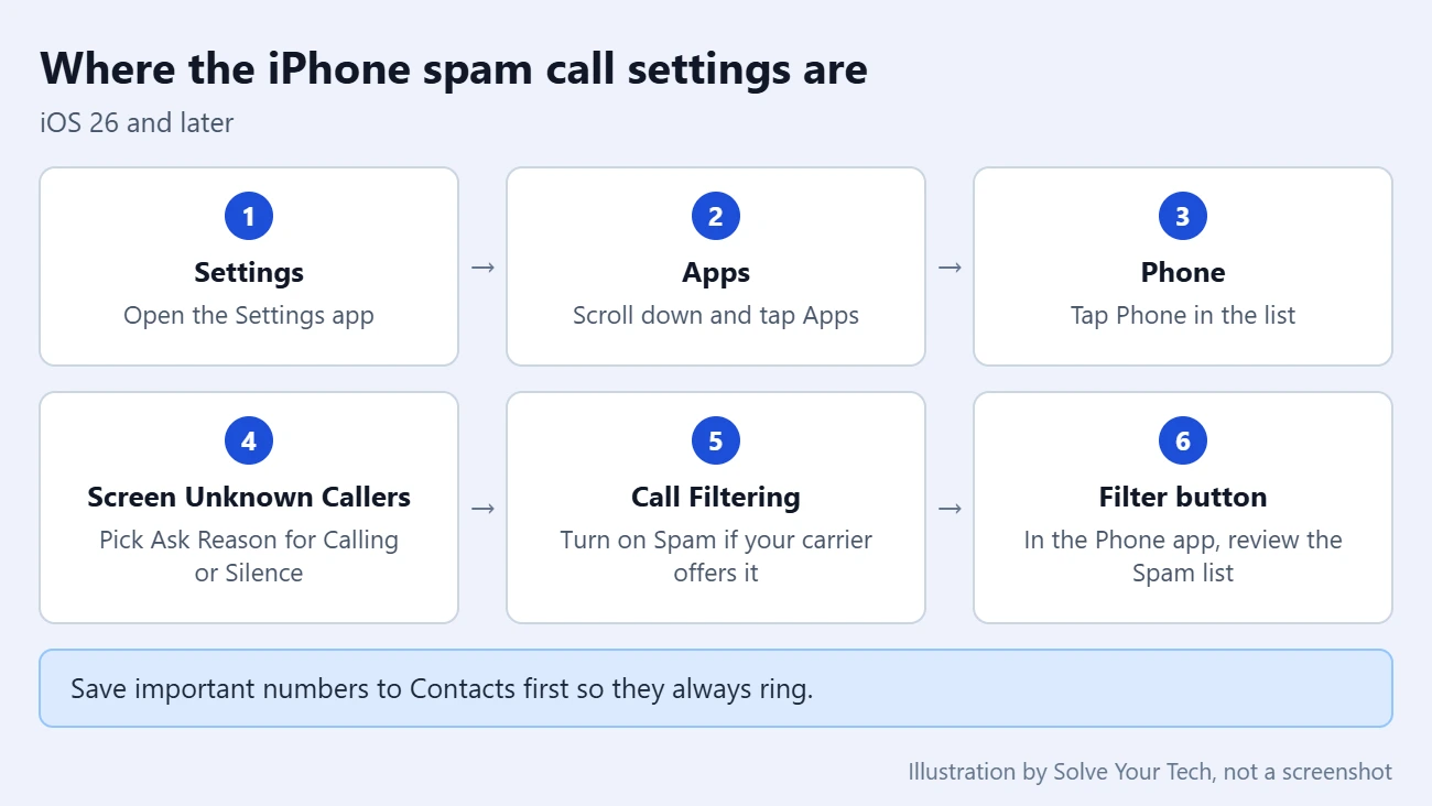 How to Turn Off Spam Calls on iPhone 1 Flow card showing the iPhone path Settings, Apps, Phone, Screen Unknown Callers, then Call Filtering to reduce spam calls