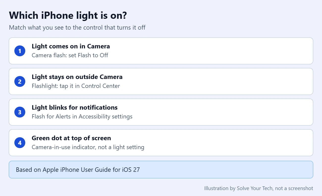 How to Turn Off the Light When Recording Video on iPhone 1 Checklist for identifying which iPhone light is on: camera flash in Video mode, flashlight, Flash for Alerts, or the green camera dot