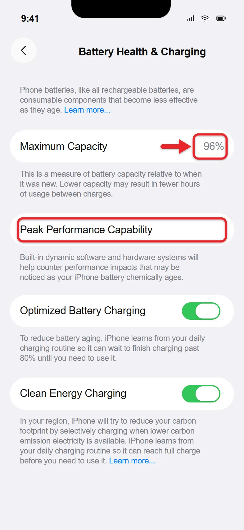 Is My iPhone 13 Battery in Good Shape? How to Check Battery Health 1 iPhone 13 Battery Health & Charging screen showing Maximum Capacity and Peak Performance Capability