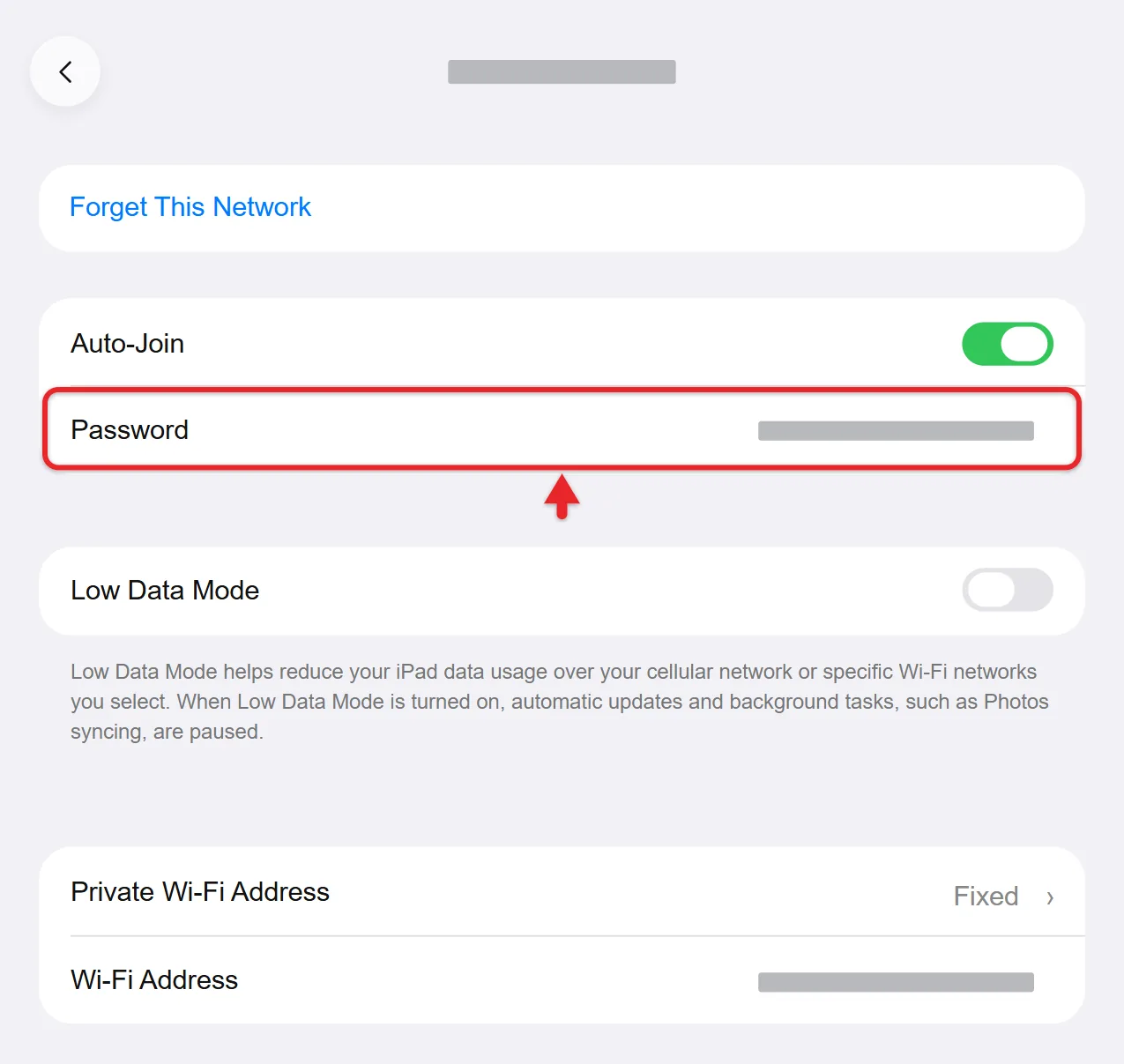 How to Join a Wi-Fi Network on iPad 3 iPad Wi-Fi network details screen with the Password field, Auto-Join switch and Private Wi-Fi Address option