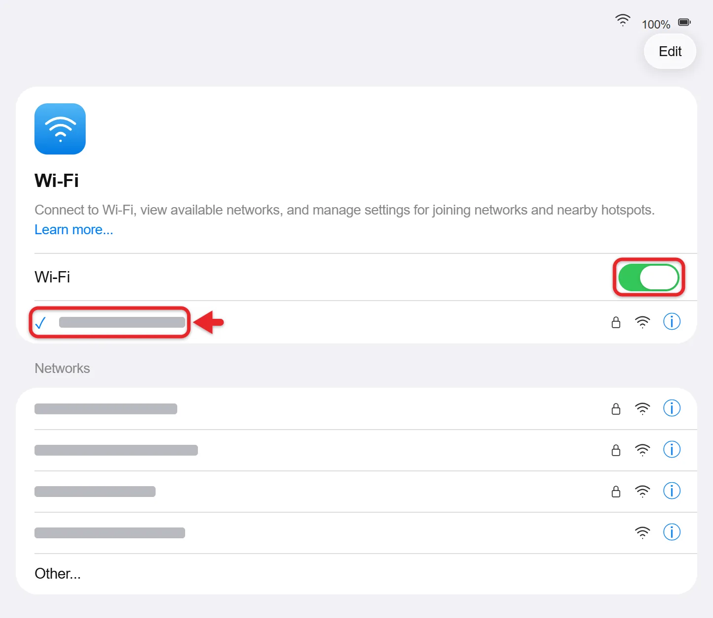 How to Join a Wi-Fi Network on iPad 1 iPad Wi-Fi settings with Wi-Fi turned on and a list of available networks
