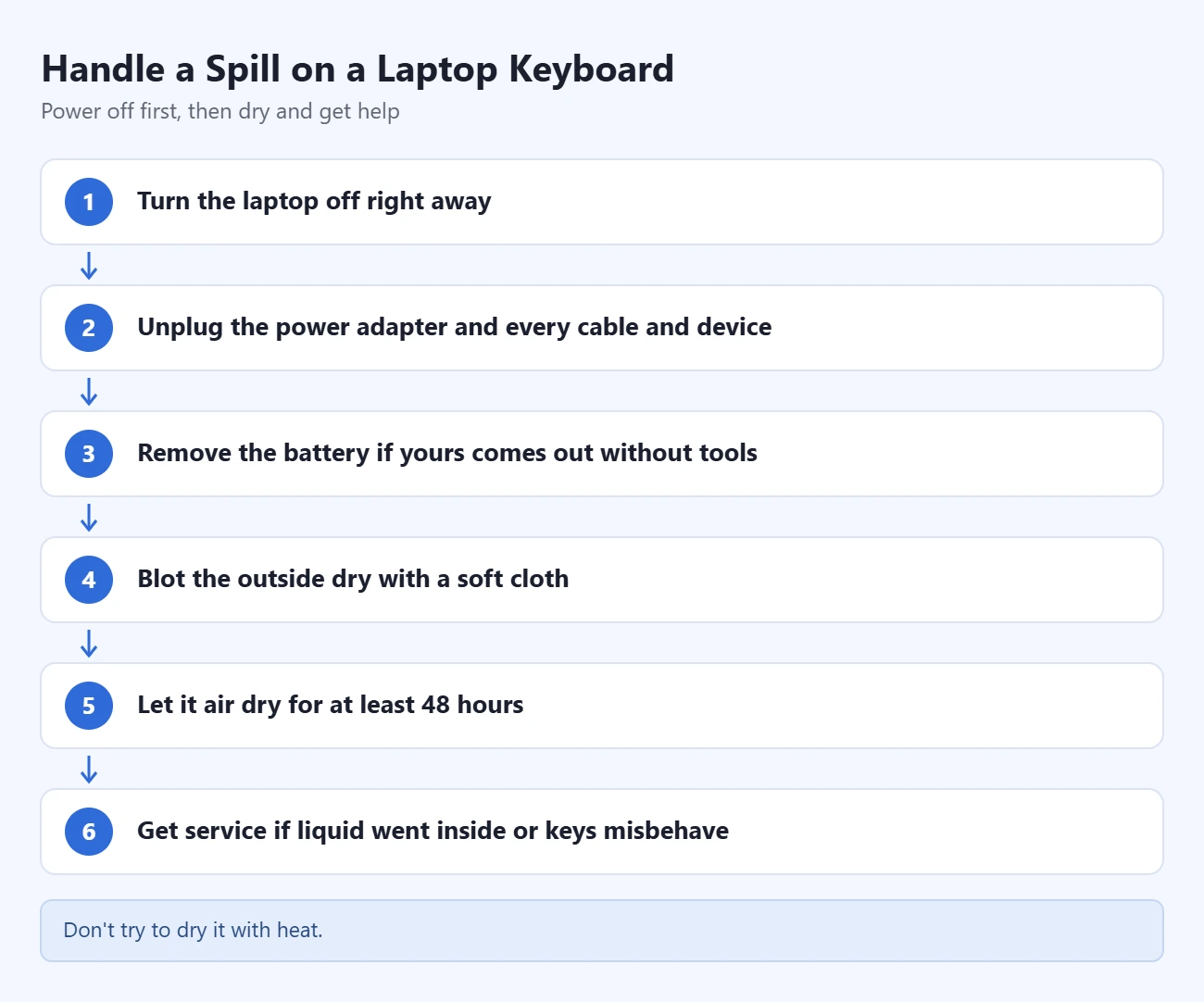 How to Clean a Laptop Keyboard Safely 3 Steps to handle a spill on a laptop keyboard: turn the laptop off right away; unplug the power adapter and every cable and device; remove the battery if it comes out without tools; blot the outside dry with a soft cloth; let it air dry for at least 48 hours; get service if liquid went inside or keys misbehave