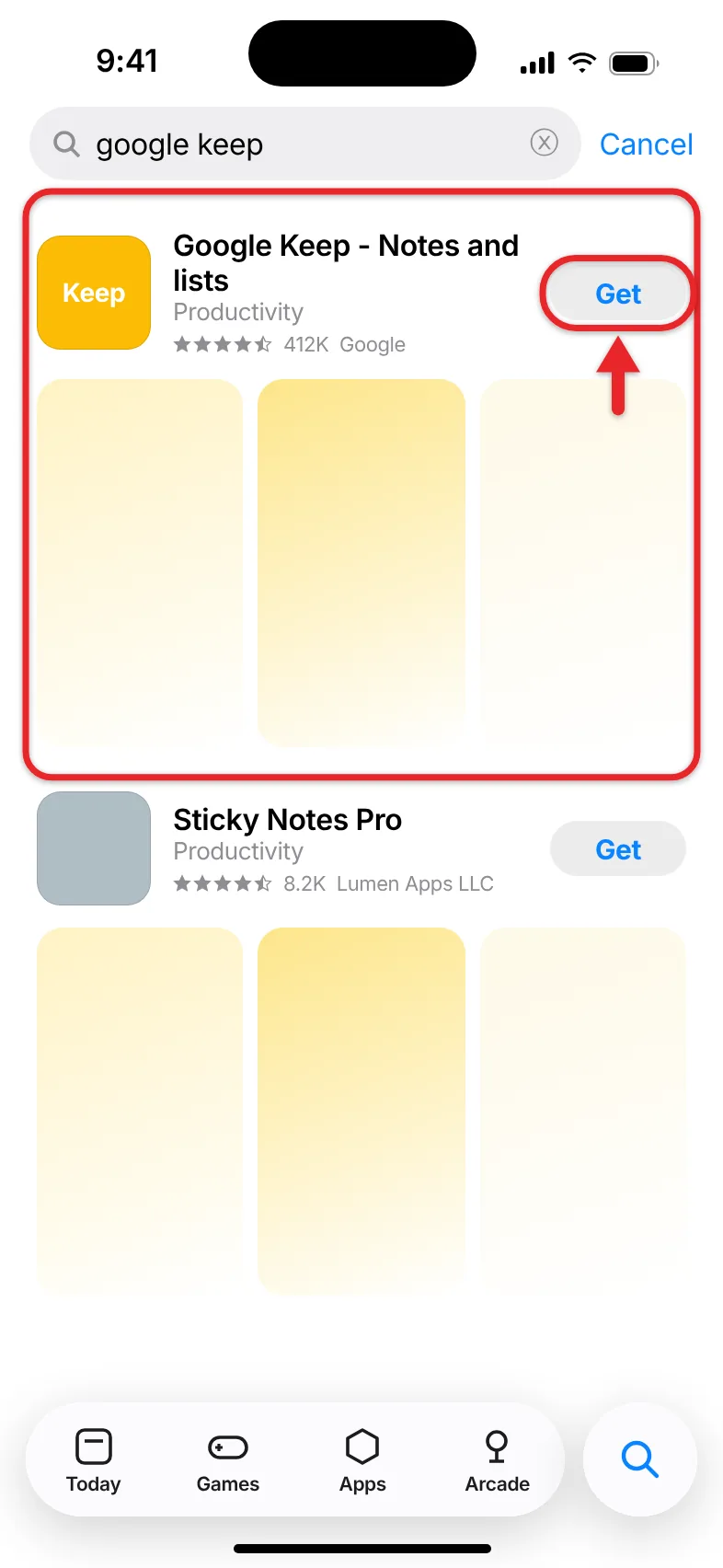 How to Get a Google Keep Icon on Your iPhone Home Screen 1 App Store search results showing the Google Keep app by Google
