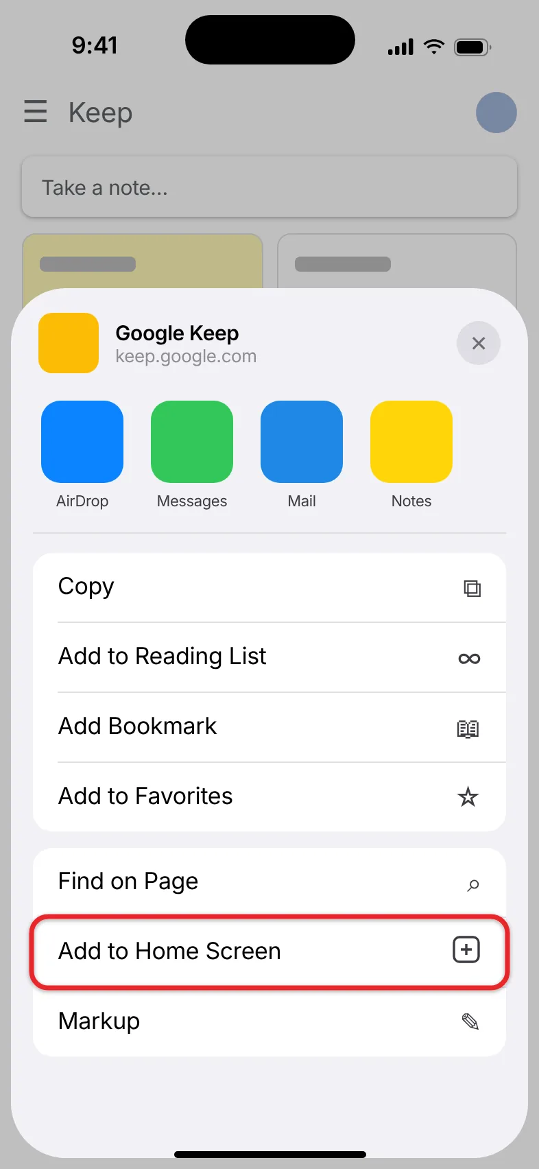 How to Get a Google Keep Icon on Your iPhone Home Screen 2 Safari share sheet on iPhone with the Add to Home Screen option