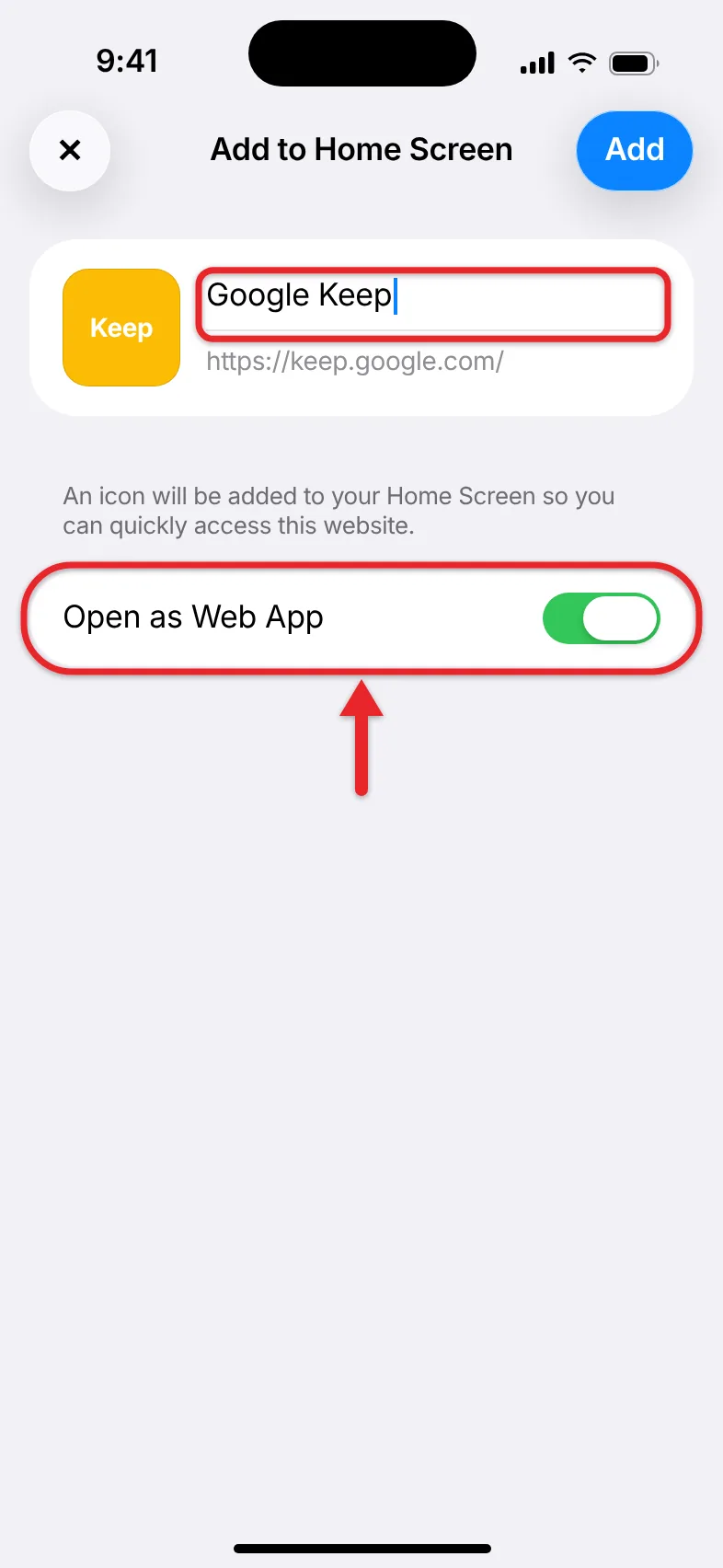 How to Get a Google Keep Icon on Your iPhone Home Screen 3 Add to Home Screen screen with the Open as Web App switch turned on