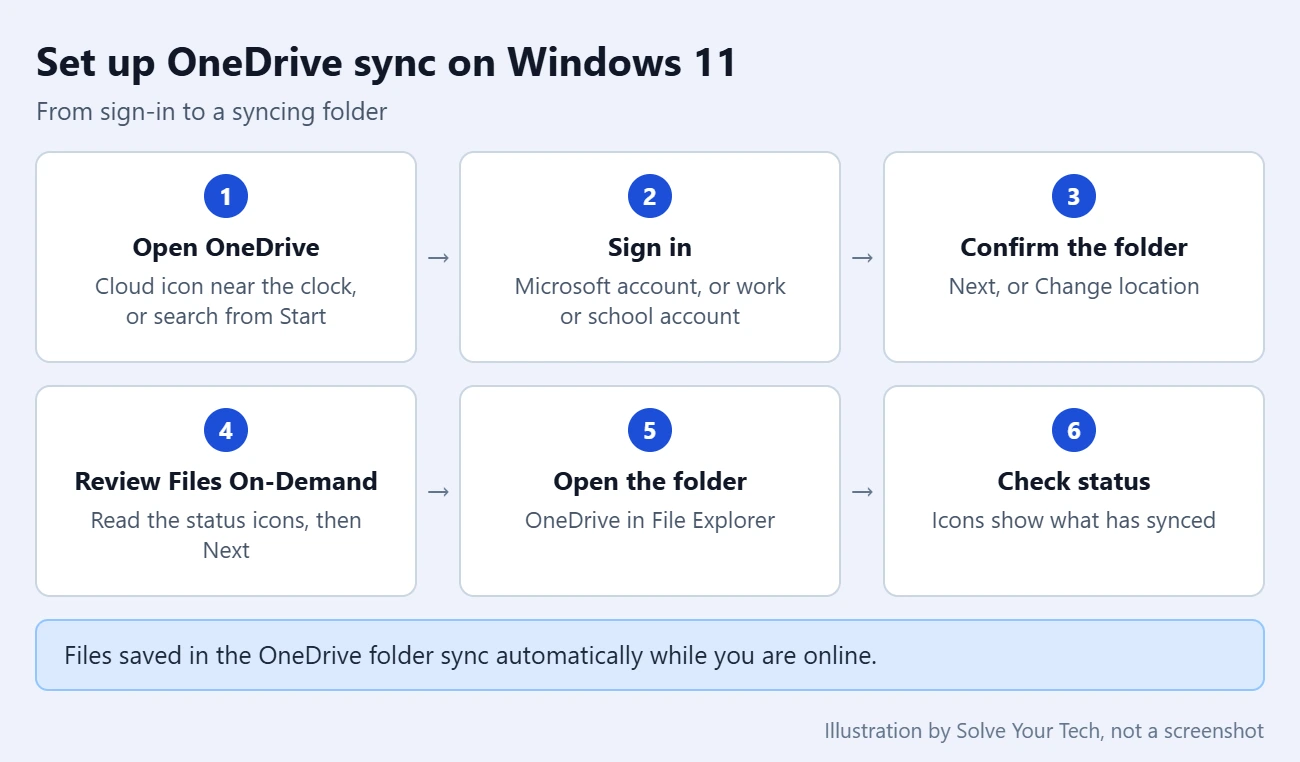 How to Sync OneDrive on Windows 11 1 Six steps to set up OneDrive sync on Windows 11, from opening OneDrive to checking the status icons