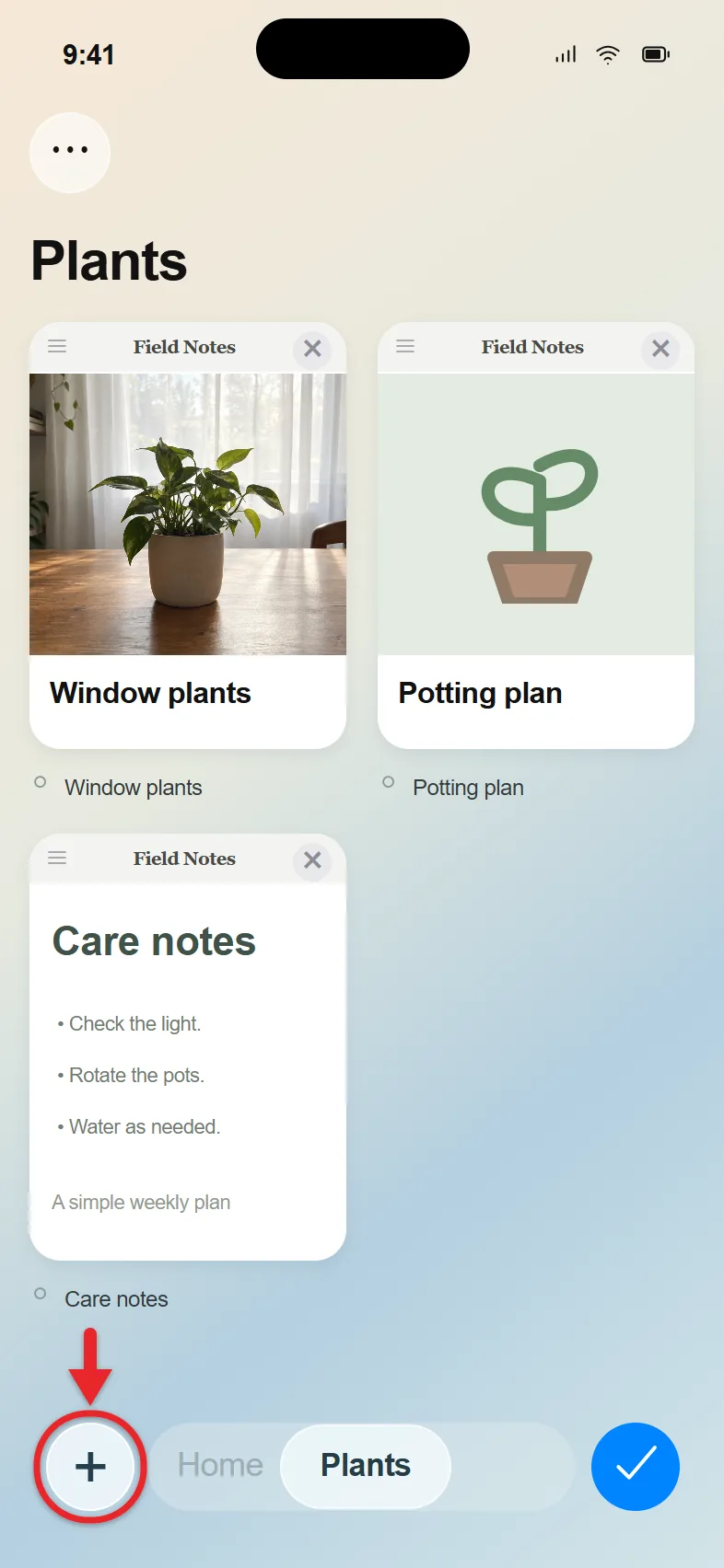 How to Open a New Tab in Safari on iPhone 2 Recreated iPhone Safari tab overview showing a sample Plants Tab Group with three fictional page previews and the New Tab plus button highlighted at the bottom left