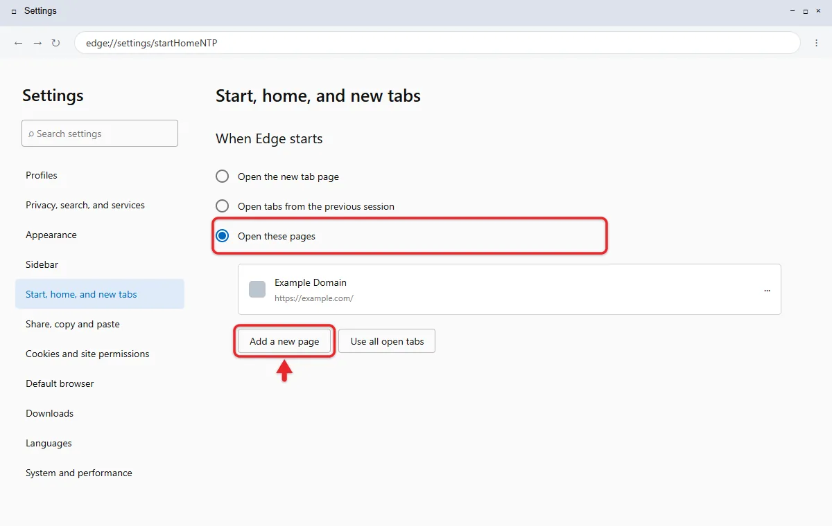 How to Open Microsoft Edge to a Specific Page (or Previous Pages) 1 Edge When Edge starts options with Open these pages selected