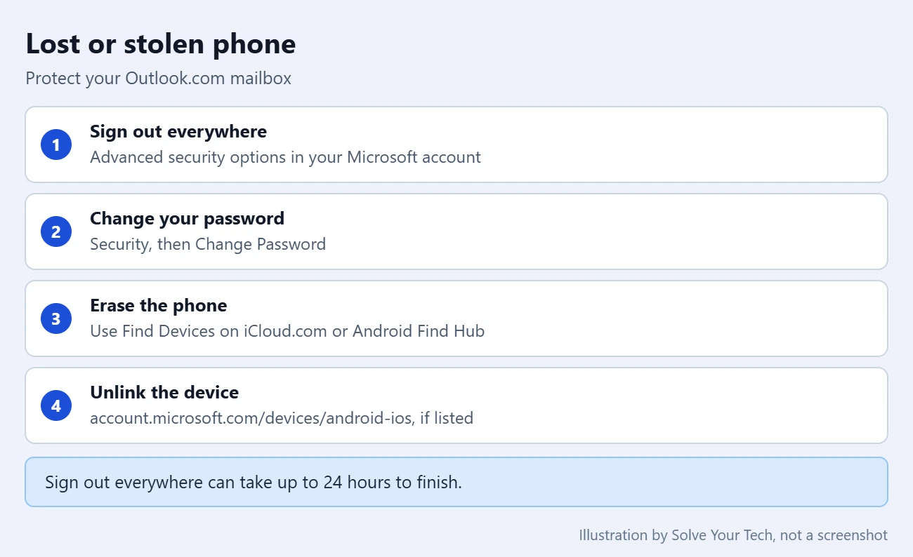 Outlook.com - How to Remove a Device That's Syncing 2 Checklist of steps to protect an Outlook.com mailbox when a phone is lost or stolen