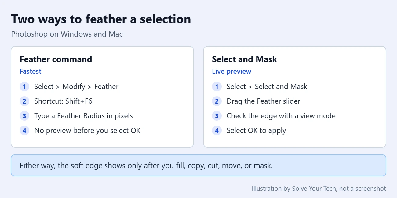 How to Feather a Selection or Blur a Background in Photoshop 2 Comparison of two ways to feather a selection in Photoshop: the Feather command and the Select and Mask workspace