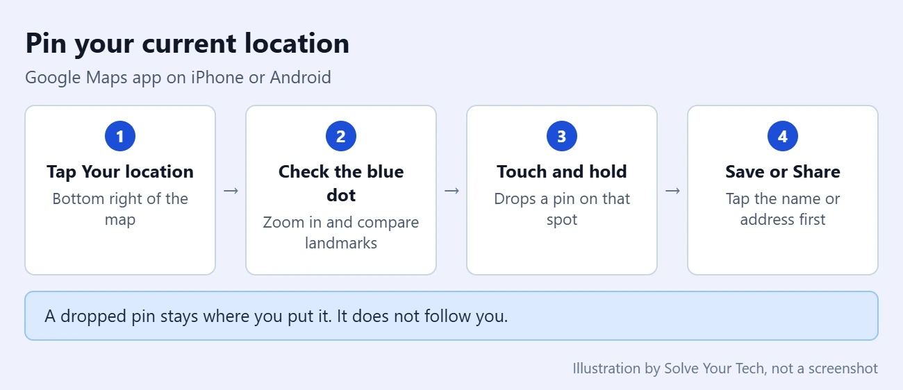 How to Pin Your Current Location in Google Maps 2 Four steps to pin your current location in the Google Maps app: tap Your location, check the blue dot, touch and hold the spot, then save or share the pin