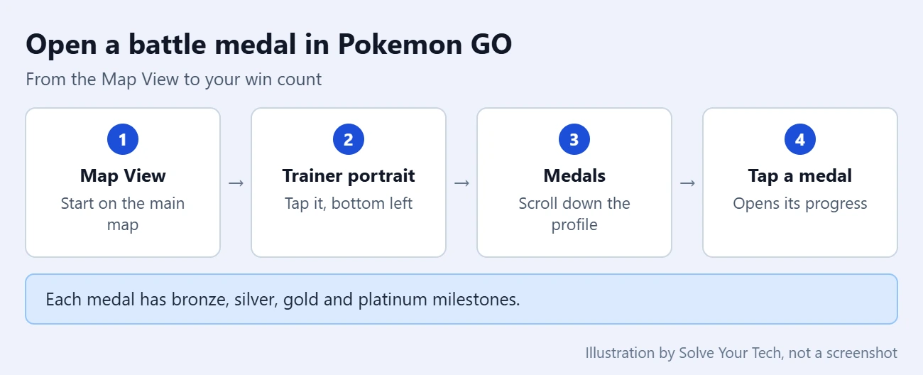 How to See How Many Battles You've Won in Pokémon GO 1 Steps to open a medal in Pokemon GO: Map View, Trainer portrait, Medals section, tap a medal, read progress
