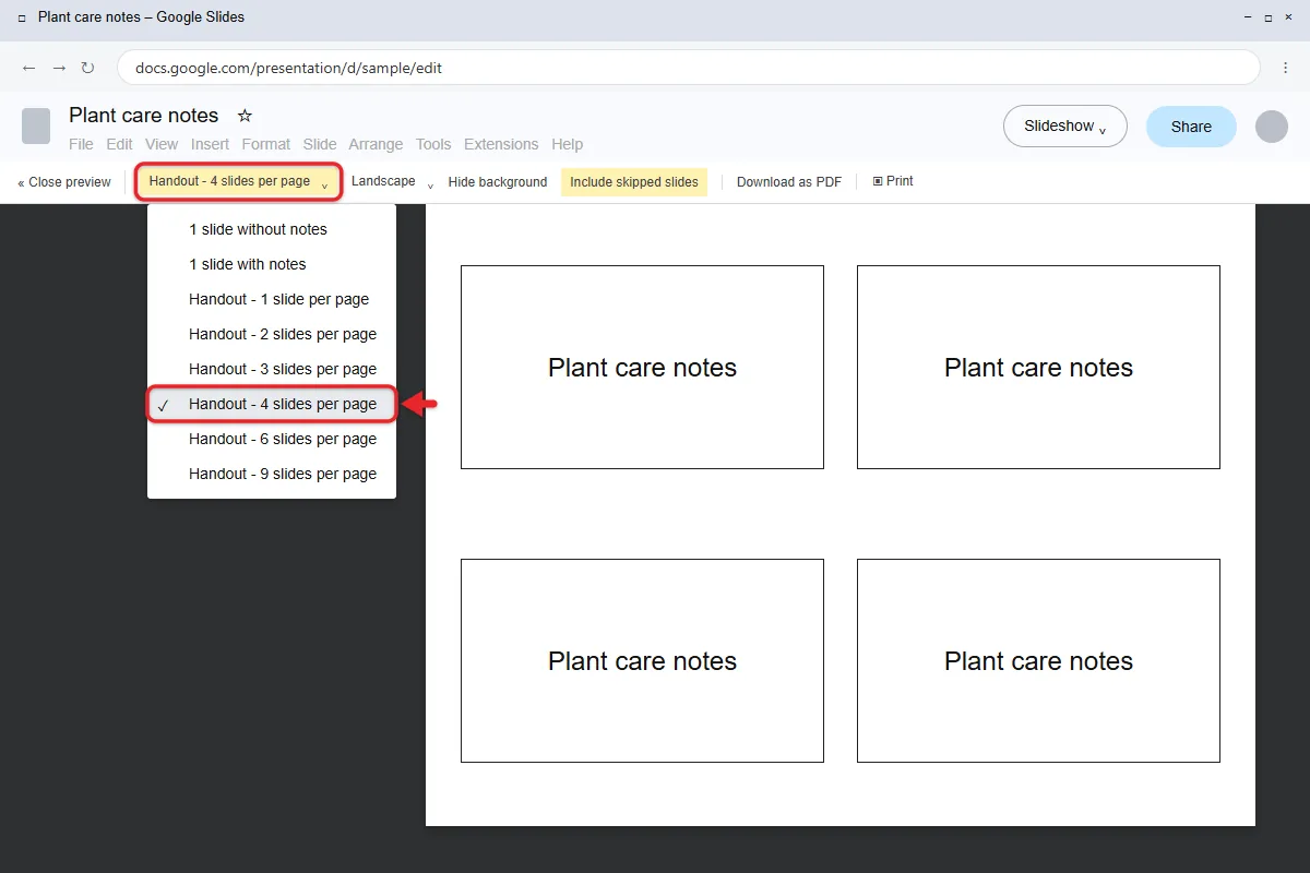 How to Print 4 Slides Per Page in Google Slides 1 Google Slides print preview with the layout menu set to Handout 4 slides per page