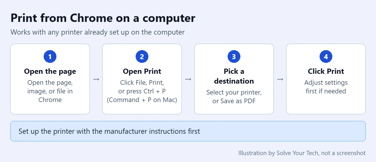 How to Enable or Disable Google Chrome Cloud Print 2 Card showing the four steps to print from Chrome on a computer without Google Cloud Print