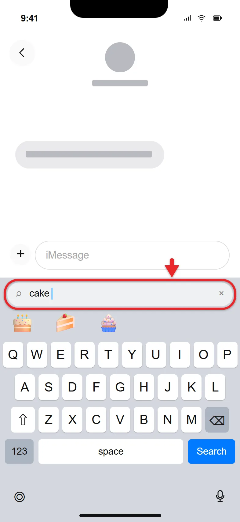 How to Put Emoji in an iPhone Message 1 iPhone emoji keyboard with cake typed in the Search Emoji field and matching emoji