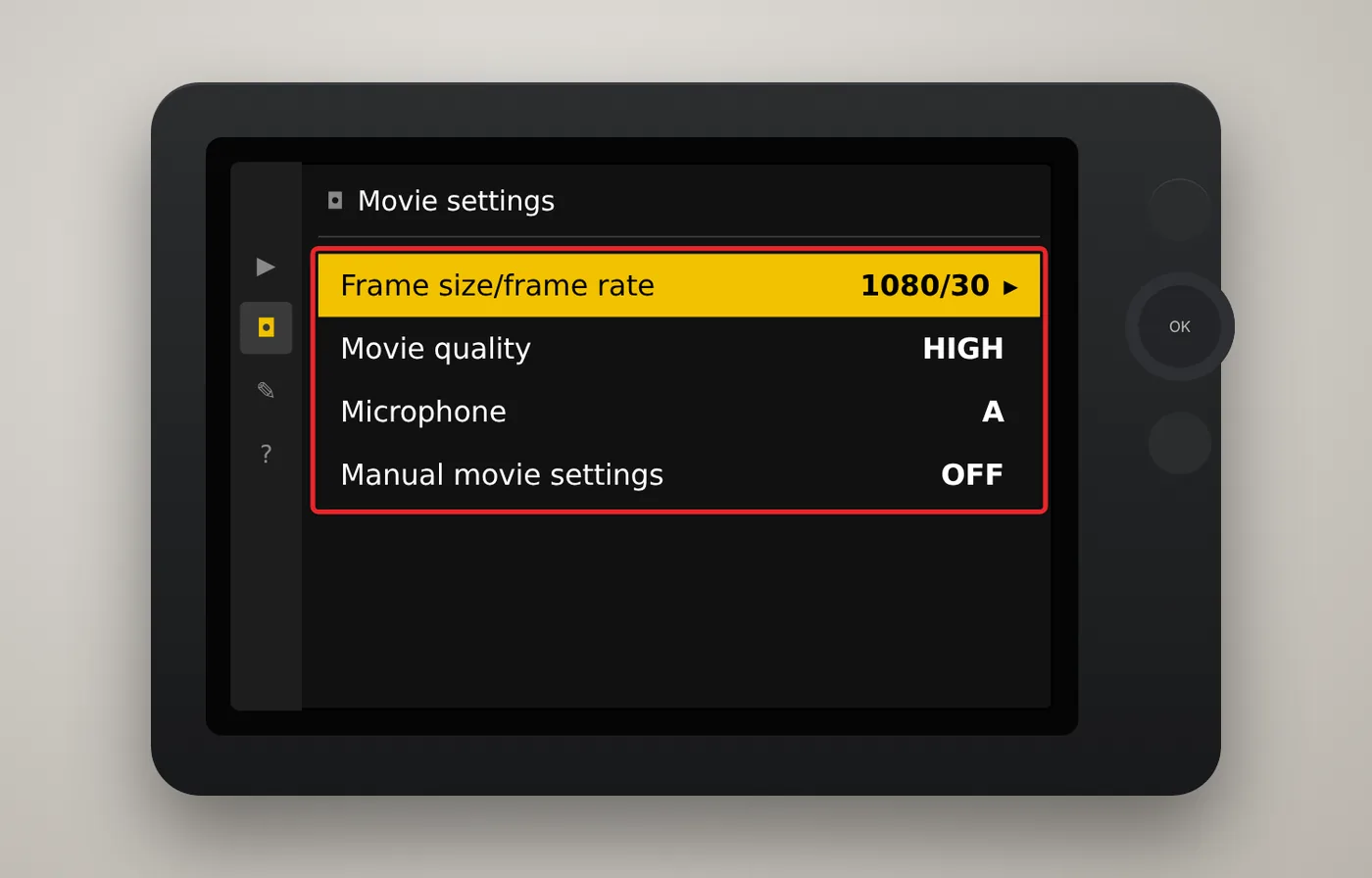 How to Record Video With the Nikon D3200 1 Nikon D3200 Movie settings menu showing frame size, quality, and microphone options