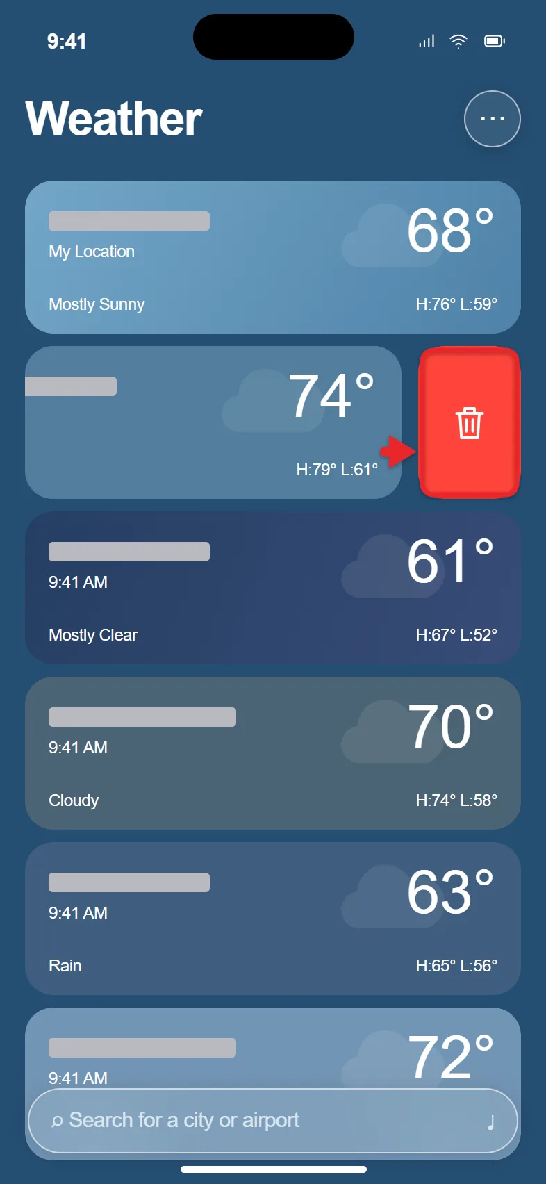 How to Remove a City from the Weather App on iPhone 1 iPhone Weather app locations list with a city swiped left to show the red trash button