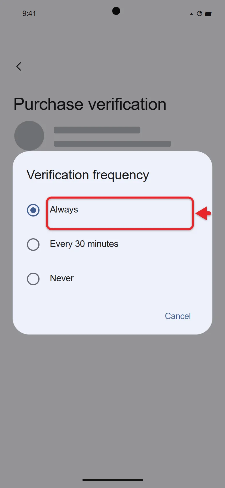 How to Require Authentication for Google Play Purchases 1 Google Play Purchase verification screen with Verification frequency set to Always