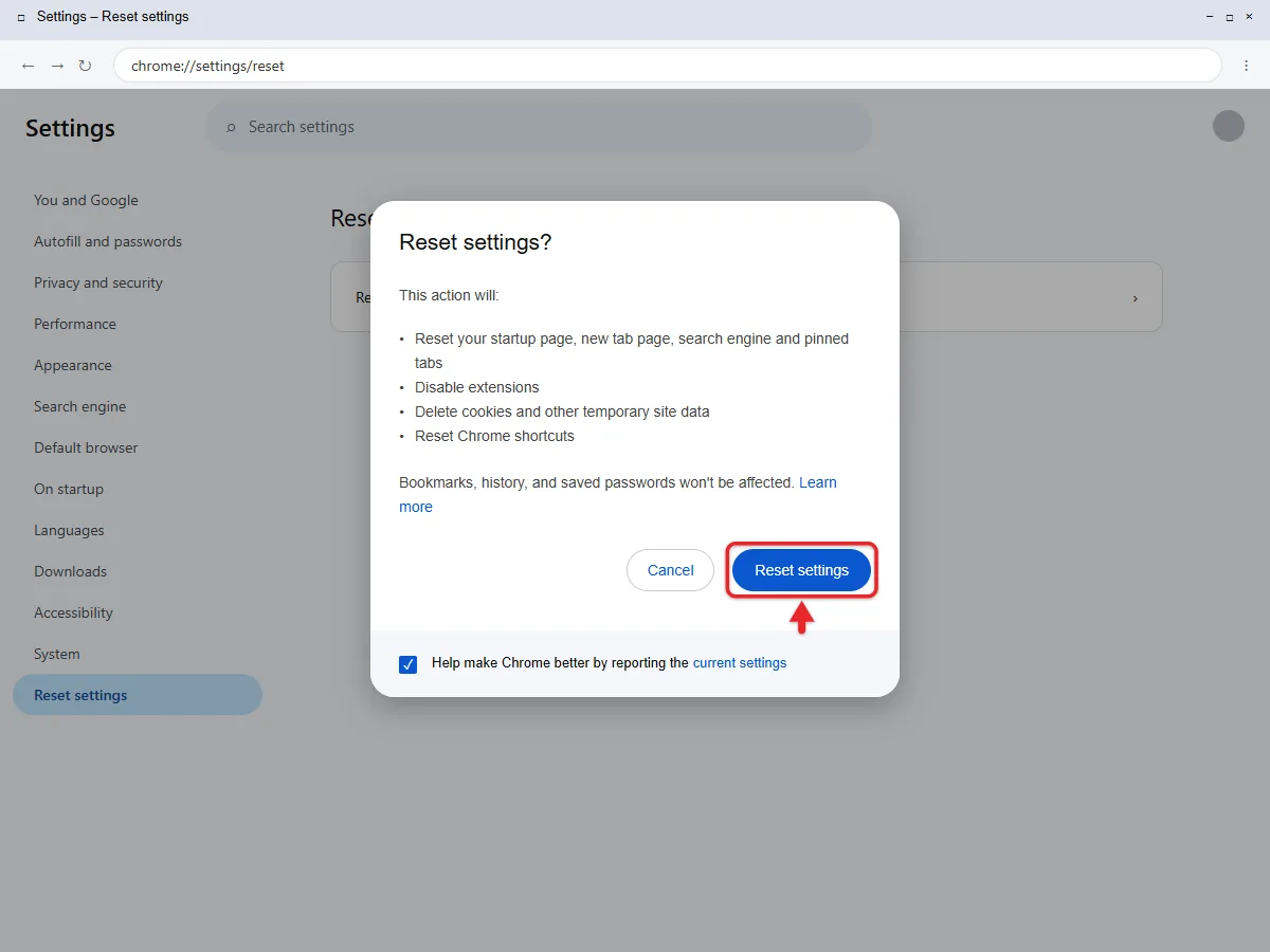 How to Reset Google Chrome to Default Settings 2 Chrome Reset settings confirmation box with its summary and the Reset settings button