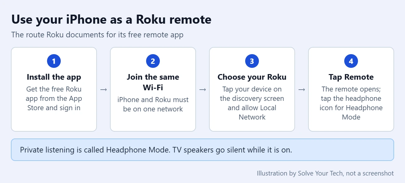 How to Use Roku Remote for iPhone (Plus Private Listening) 1 Four-step flow for using an iPhone as a Roku remote: install the Roku app, join the same Wi-Fi, choose your Roku, tap Remote