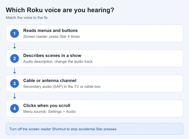 How to Turn Off the Voice on Roku 2 Card matching Roku voices to fixes: the screen reader, audio description, secondary audio on cable channels, and menu sounds
