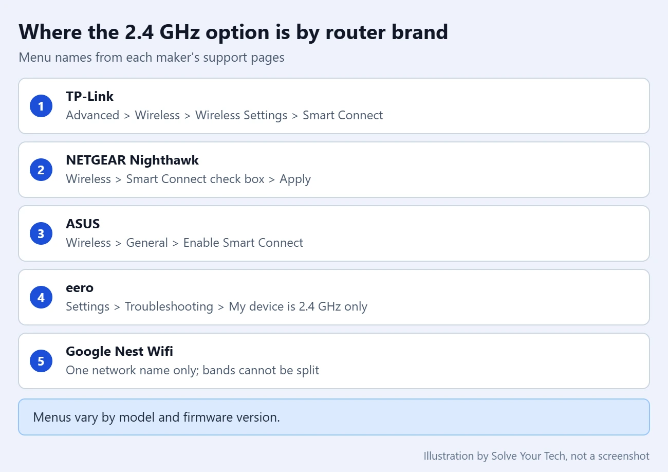 How to Change Your Wi-Fi to 2.4 GHz on Your Router 3 Checklist of where the 2.4 GHz option is on common routers: TP-Link Smart Connect, NETGEAR Nighthawk Smart Connect, ASUS Smart Connect, eero pause 5 GHz for 10 minutes, Google Nest Wifi single network name