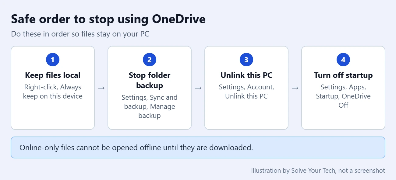 How to Turn Off OneDrive on Windows 11 4 Card showing the safe order to turn off OneDrive on Windows 11: download files, stop folder backup, unlink the PC, turn off startup