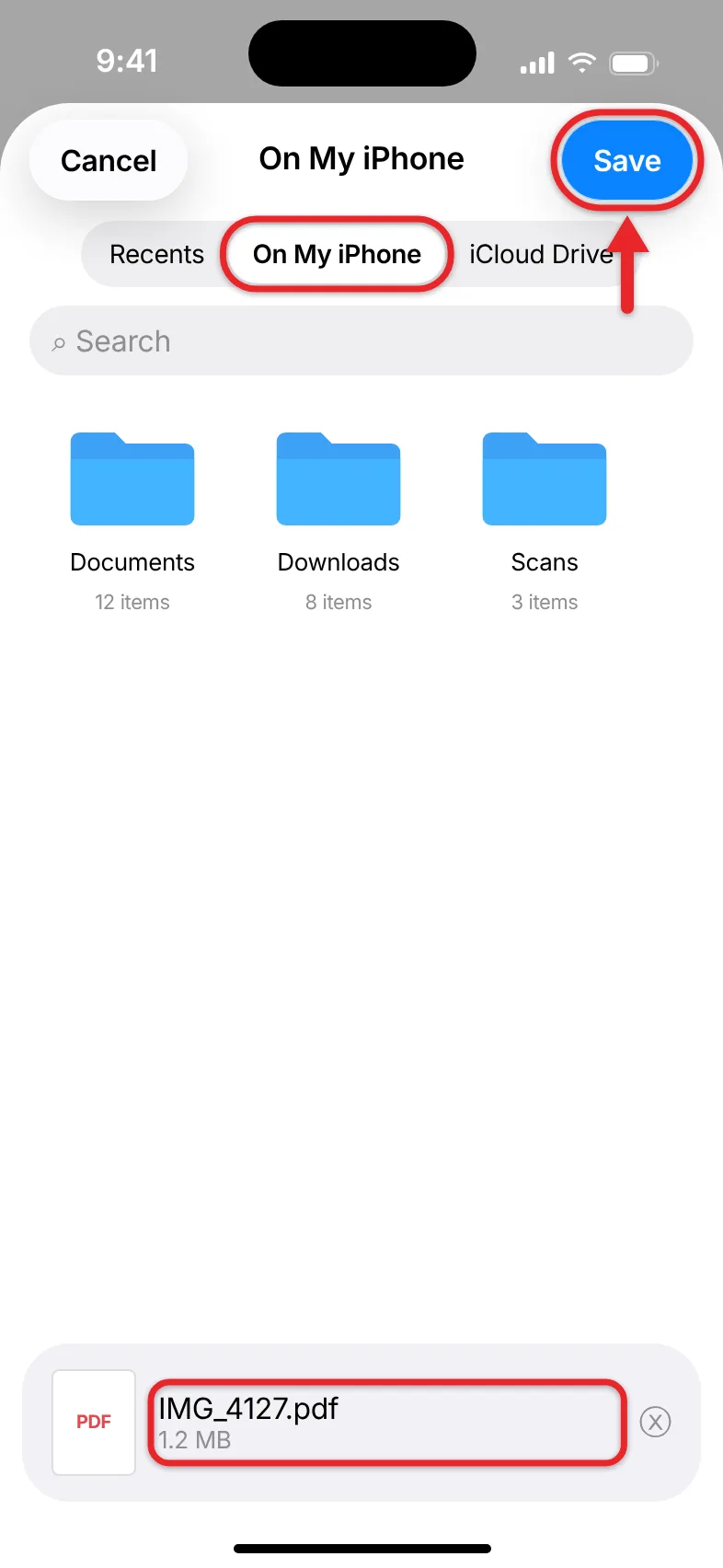 How to Save a Picture as a PDF on an iPhone 2 Save to Files screen on iPhone saving a PDF to On My iPhone