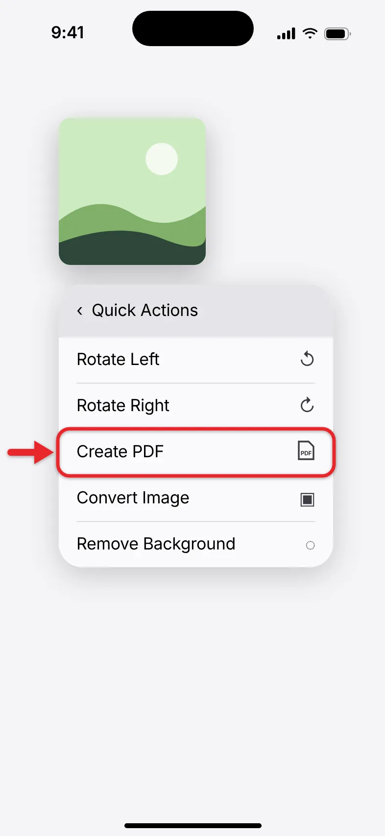 How to Save a Picture as a PDF on an iPhone 3 Files app Quick Actions menu on iPhone showing Create PDF