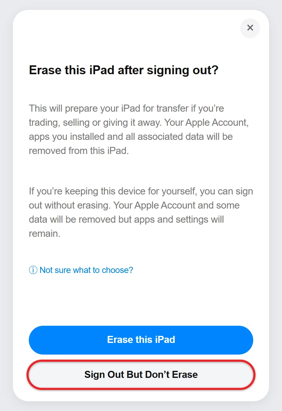 How to Sign Out of Your Apple ID (Apple Account) on iPad 1 Recreated iPad sign-out sheet with Erase this iPad and Sign Out But Don’t Erase, with the latter highlighted