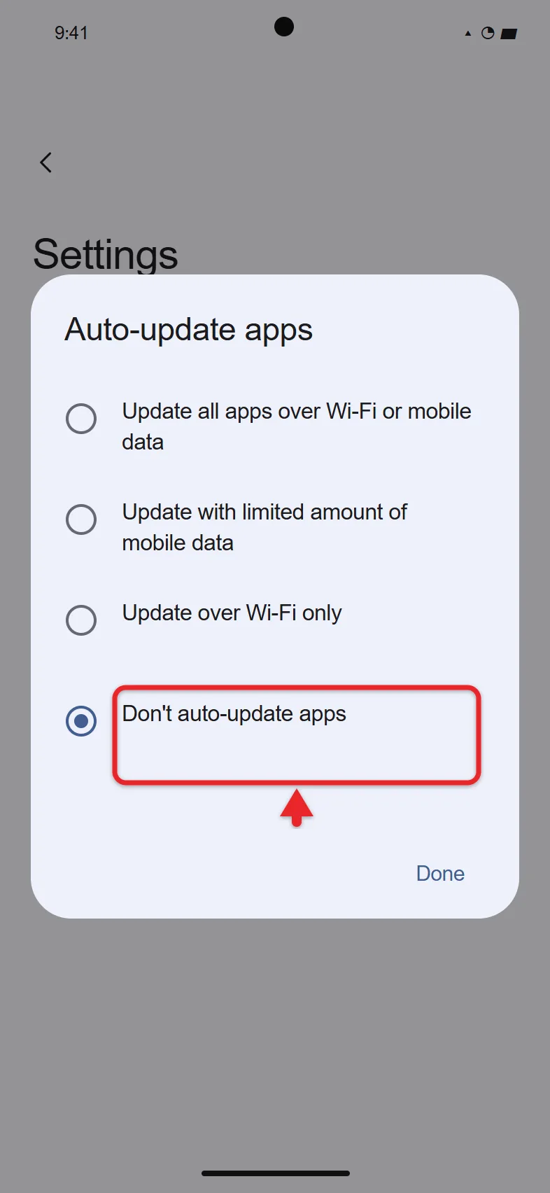 How to Stop Apps From Updating Automatically on Android 1 Google Play Store Auto-update apps dialog with Don't auto-update apps selected