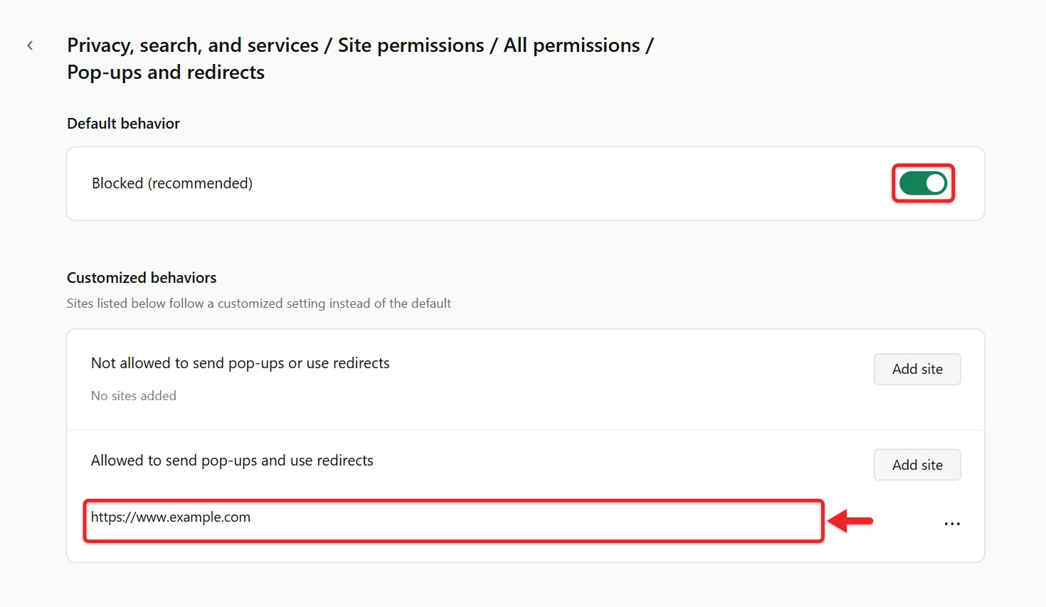 How to Stop Blocking Pop Ups in Microsoft Edge 1 Microsoft Edge Pop-ups and redirects settings with Blocked recommended on and one allowed site