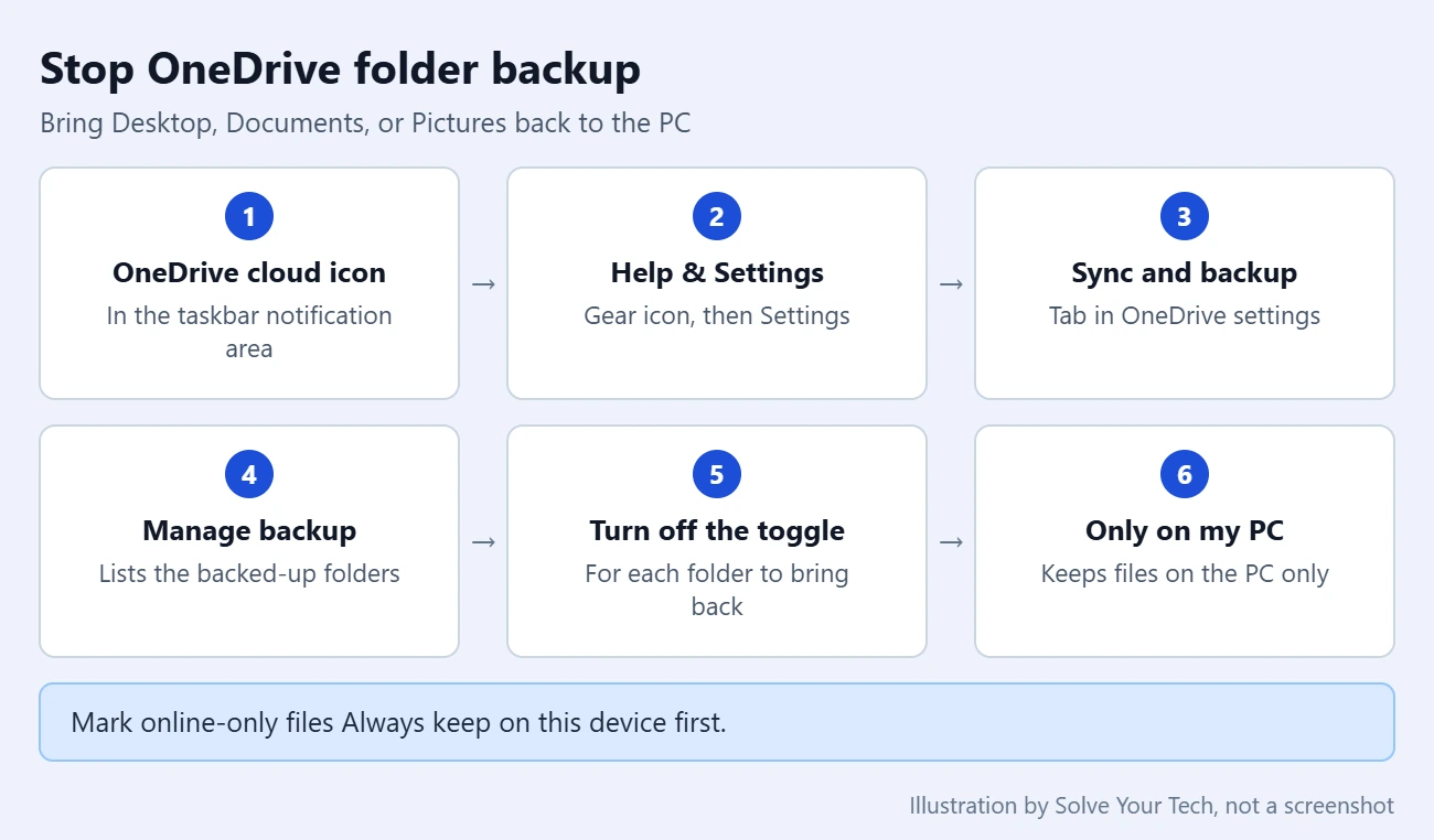 How to Move Files From OneDrive to Your PC in Windows 11 2 Step card showing the path to stop OneDrive folder backup in Windows 11 and keep the files only on the PC