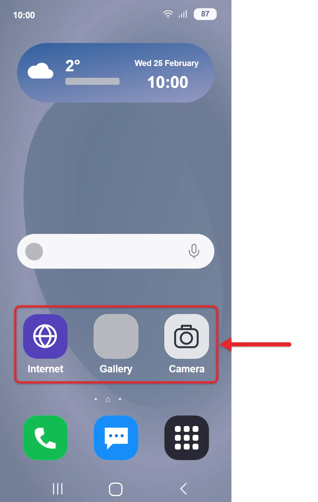 How to Switch to Easy Mode on a Samsung Galaxy Phone 2 Recreated Samsung Easy mode Home screen example with three large Internet, Gallery and Camera app tiles outlined in red
