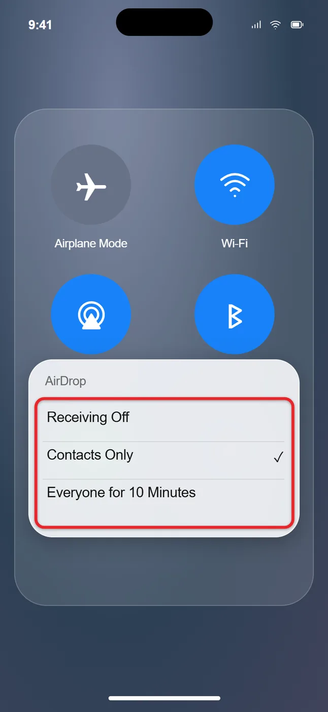 How to AirDrop From an iPhone 4 iPhone Control Center AirDrop menu with Receiving Off, Contacts Only and Everyone for 10 Minutes