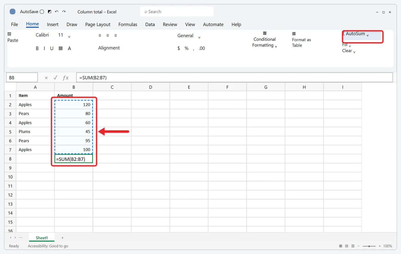 How to Sum a Column in Excel 1 Excel AutoSum on the Home tab with =SUM(B2:B7) in cell B8