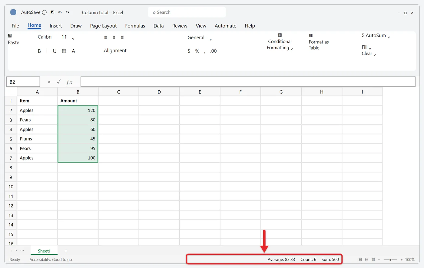 How to Sum a Column in Excel 3 Excel status bar showing Average, Count and Sum 500 for selected cells