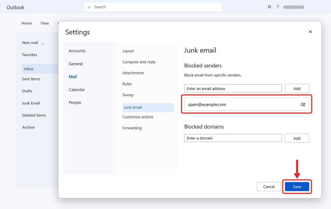 How to Block a Sender in Outlook 1 New Outlook Junk email settings with an address added under Blocked senders