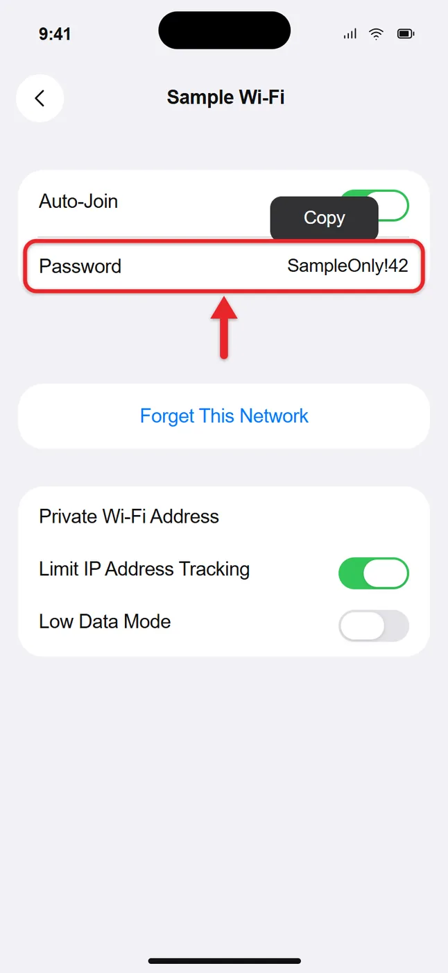 How to Share a Wi-Fi Password From an iPhone 4 iPhone Wi-Fi network info screen with the password shown and Copy option