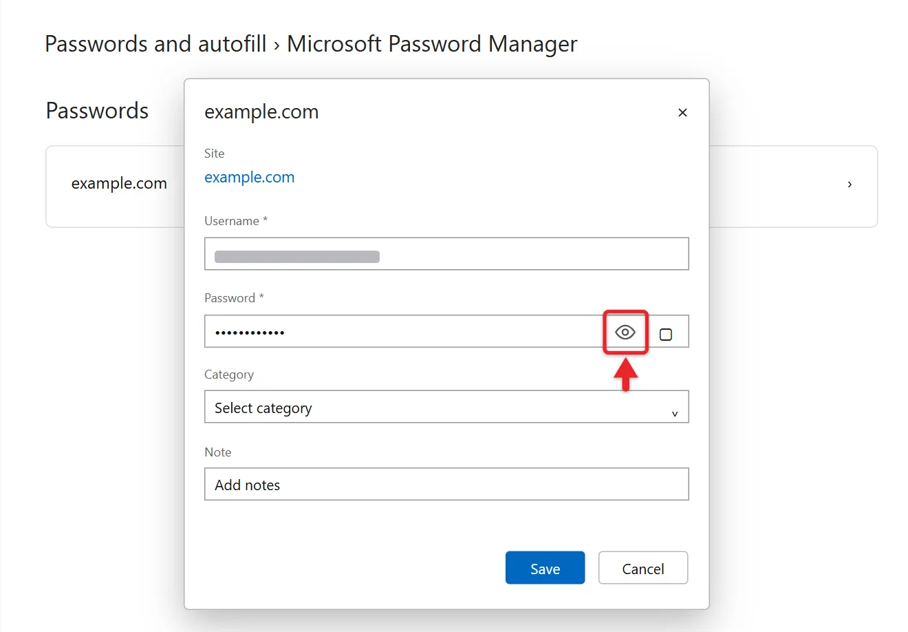 How to Find Saved Passwords on Windows 11 3 Microsoft Password Manager in Edge settings with a saved entry expanded and the eye icon