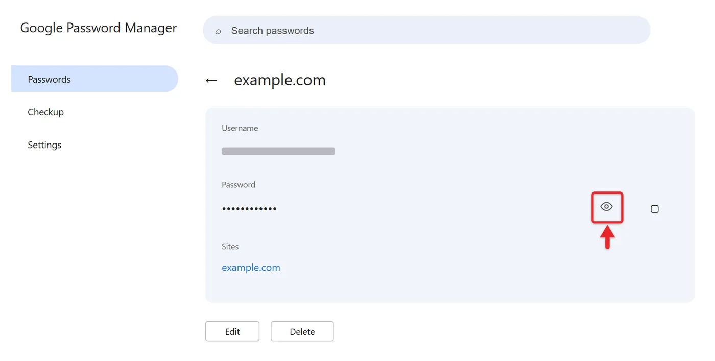 How to Find Saved Passwords on Windows 11 4 Google Password Manager entry in Chrome with the Show password eye icon highlighted